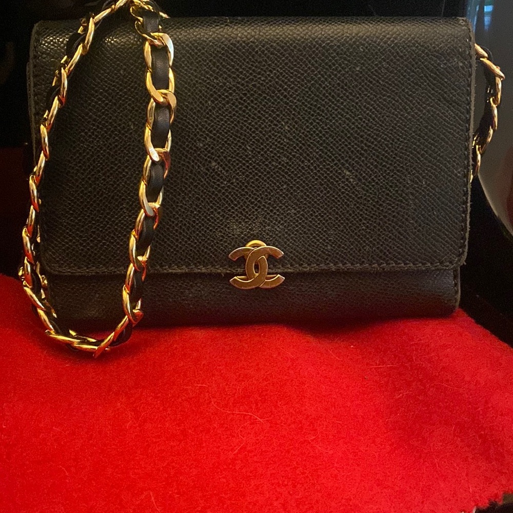 AUTH CHANEL BLACK TRIFOLD WALLET ON CHAIN WOC SHOULDER BAG CLASSIC BEAUTY RARE🦄
